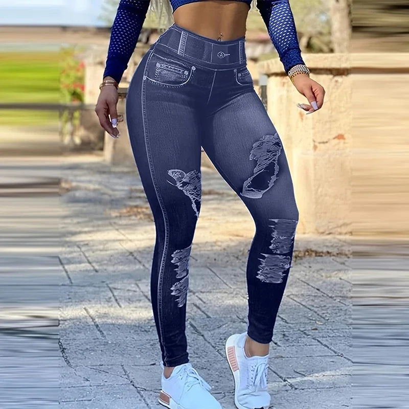 High-waist skinny leggings with trendy ripped details in black polyester, showcasing a comfortable fit and versatile style.
