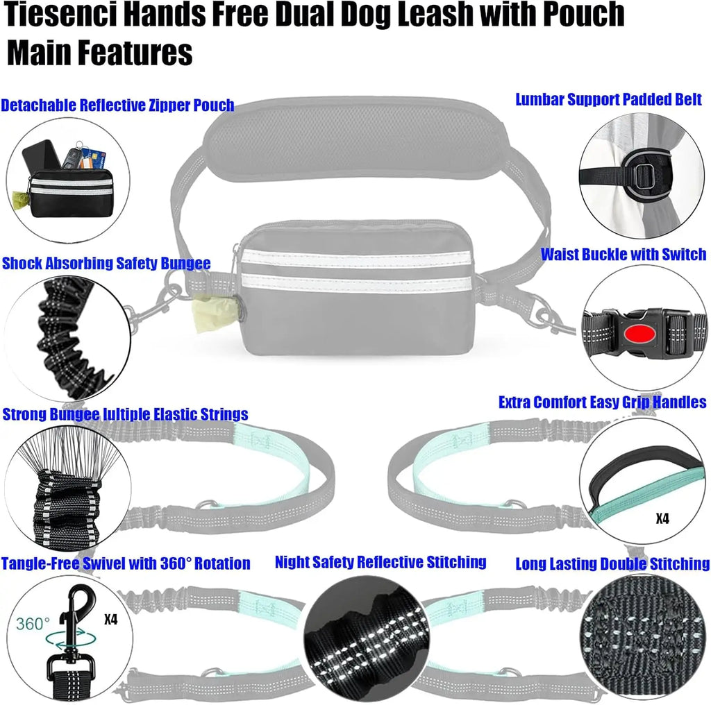 DCLOUD hands-free dual dog leash with pouch for medium and large dogs, shown in black with padded handles and reflective accents.