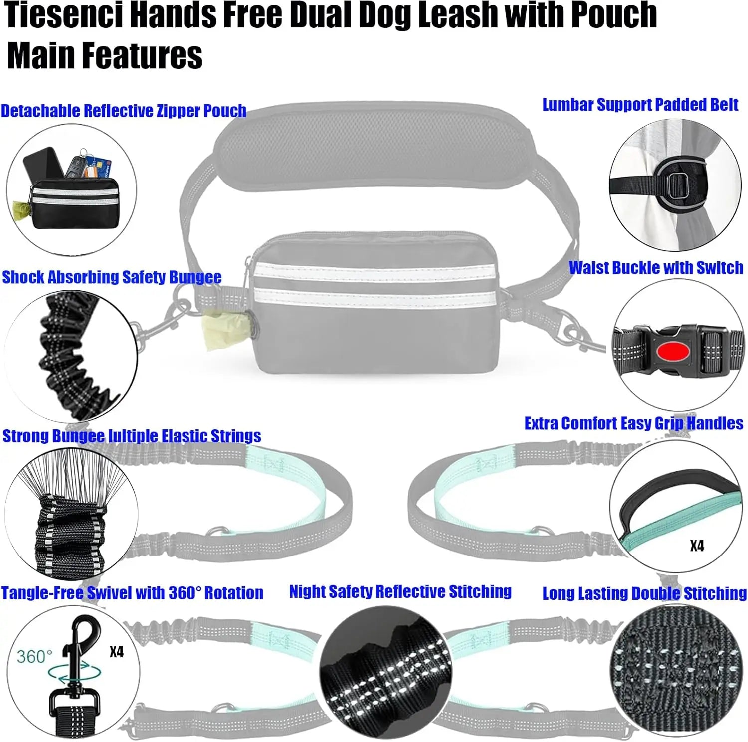DCLOUD hands-free dual dog leash with pouch for medium and large dogs, shown in black with padded handles and reflective accents.