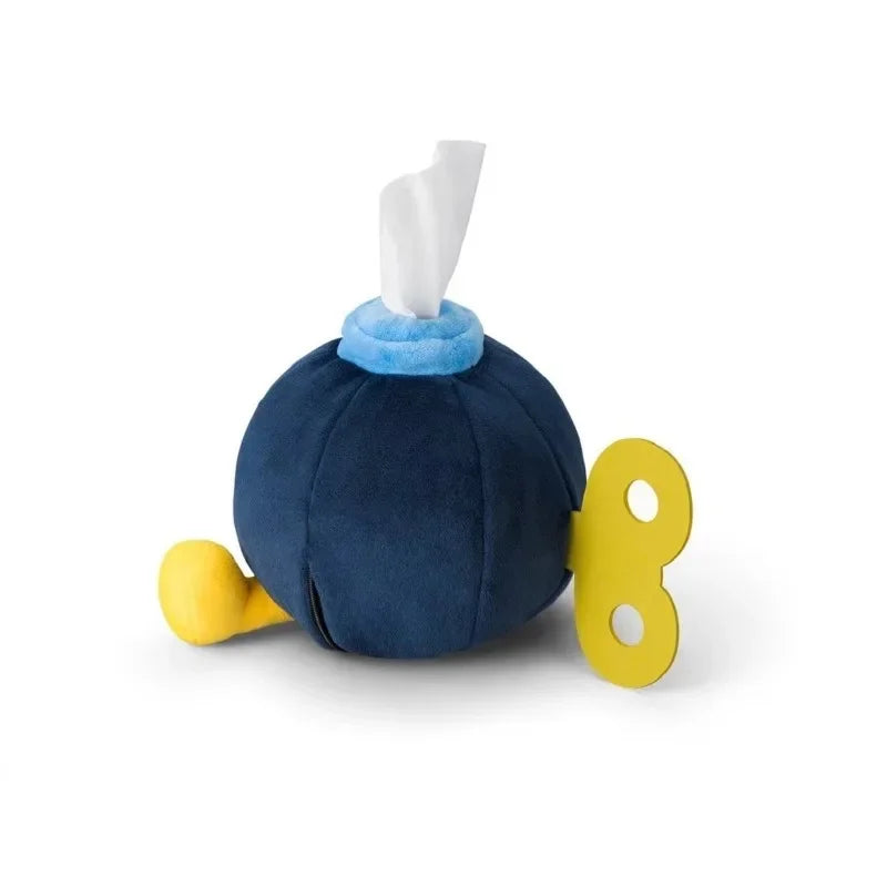 Super Mario Bob-omb plush tissue box holder by Takara Tomy featuring a colorful, soft plush Bob-omb character for tissue storage