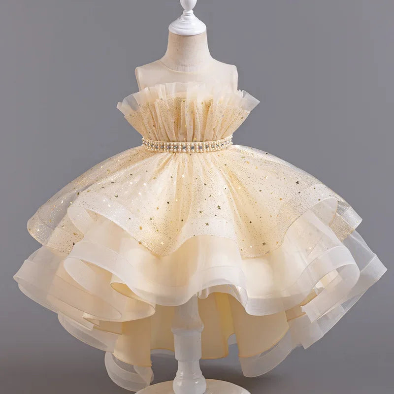 Lace mesh sleeveless party dress for girls by Showlu Fashion, solid color, perfect for summer evening events, ages 3-12.