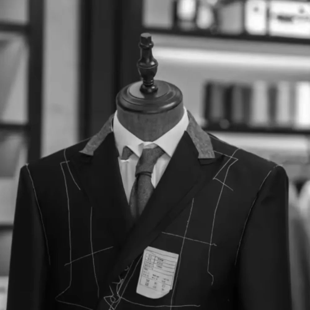 SHOWLU men's double-breasted slim fit wool blend formal suit jacket, dark color, tailored design, front buttons, and notch lapel.