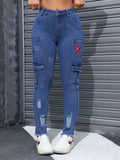 Blue skinny jeans for women by SHOWLU FASHION STORE featuring a hip lift design and lipstick print detail.