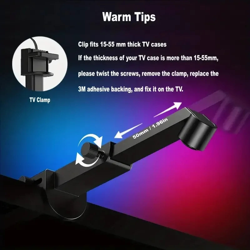 Showlu Smart RGB LED backlight strip with color sensor for TVs, 5V, mounted behind a screen for vibrant ambient lighting.