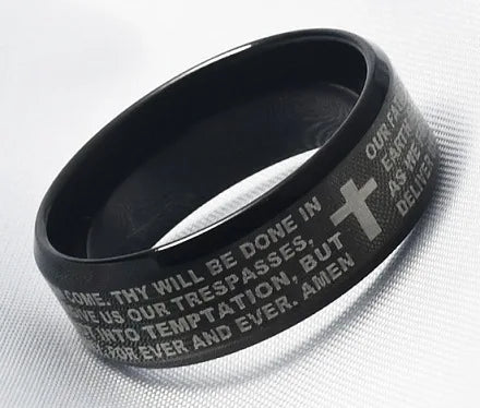 Unisex Mango Sky Titanium Steel Christian Cross Bible Ring with 8mm band, featuring a Christian cross design in a sleek metal finish.