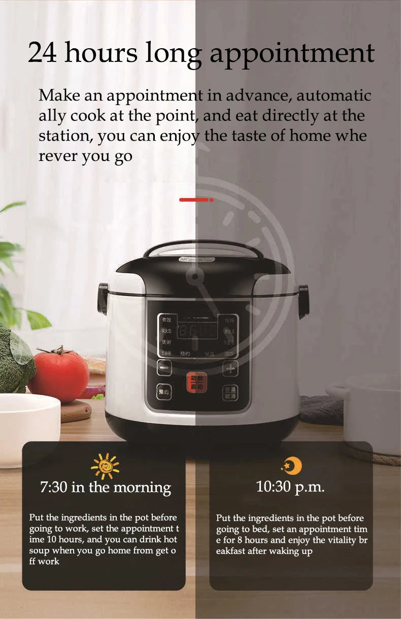 Showlu Smart General mini electric rice cooker 2L portable with 200W power, shown with rice cooking inside.