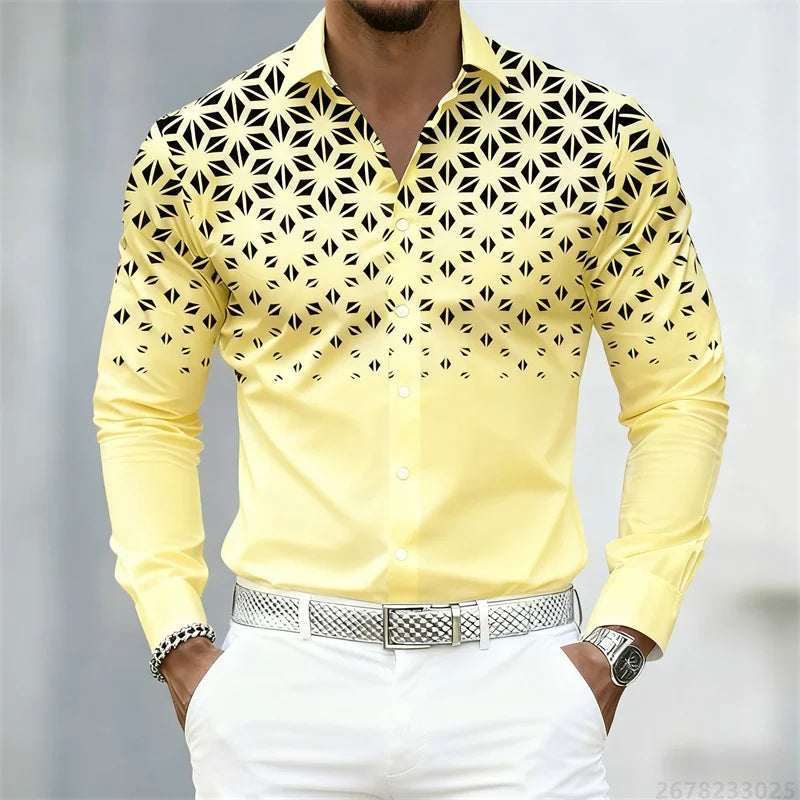 Men's long sleeve geometric pattern print shirt in 17 colors, trendy slim fit casual shirt by Showlu Fashion Store