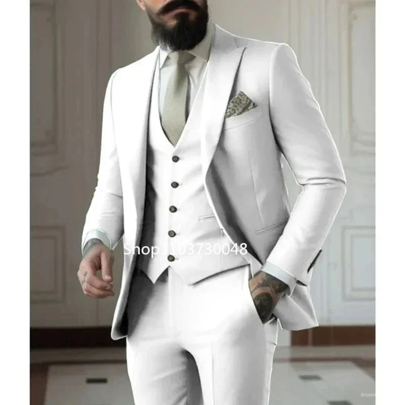 SHOWLU Men's 3-Piece Slim Fit Formal Suit with cotton tuxedo set for weddings, includes jacket, vest, and pants, in classic style.