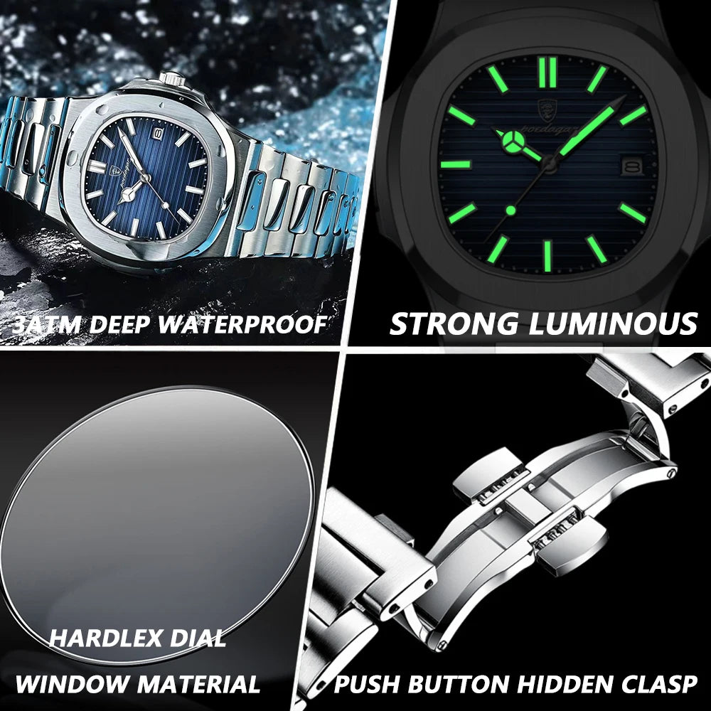 Square luxury men's wristwatch by Showlu Fashion, waterproof stainless steel watch with luminous dial and date display.