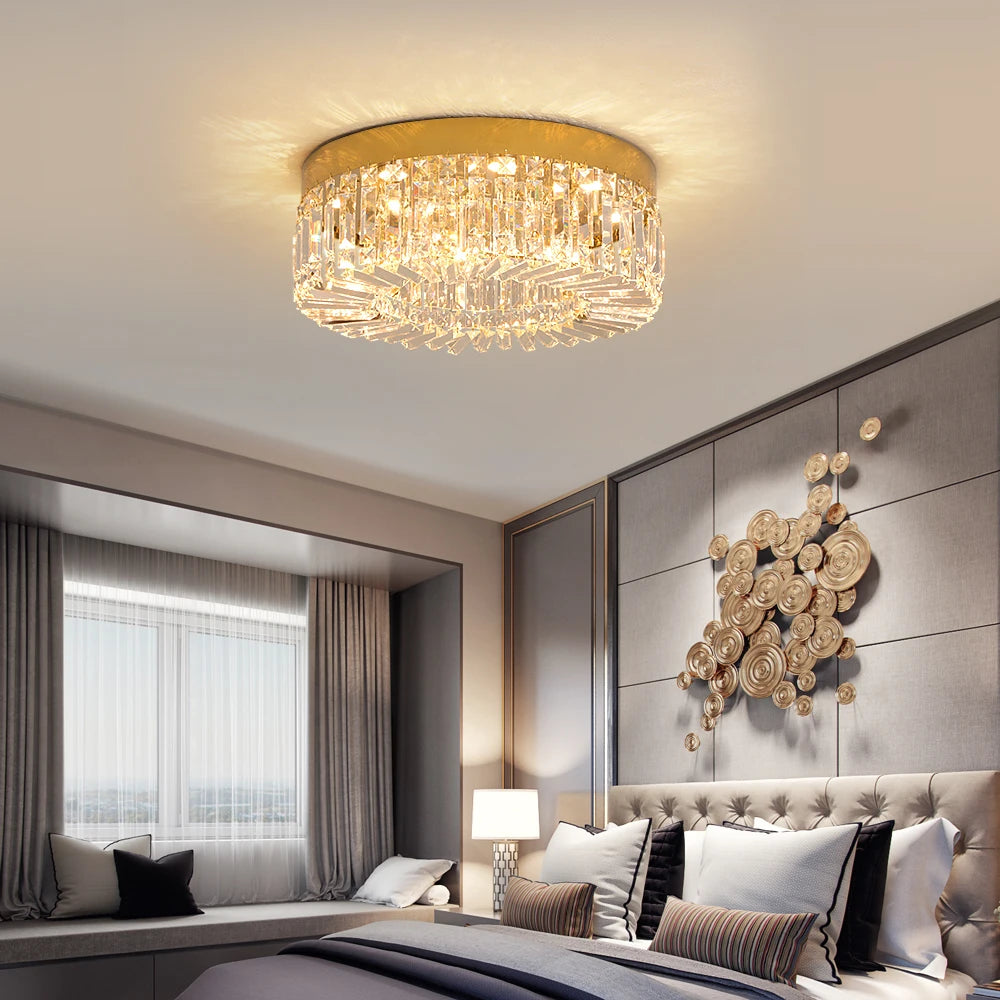 Modern gold crystal ceiling lamp with luxury LED chandelier design, showcasing elegant hanging crystals and sleek contemporary style.
