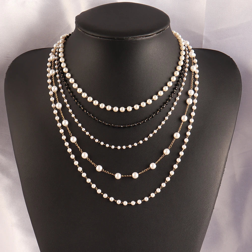 Simple pearl pendant stainless steel necklace for women, handmade choker with strand bead chain, elegant fashion jewelry.