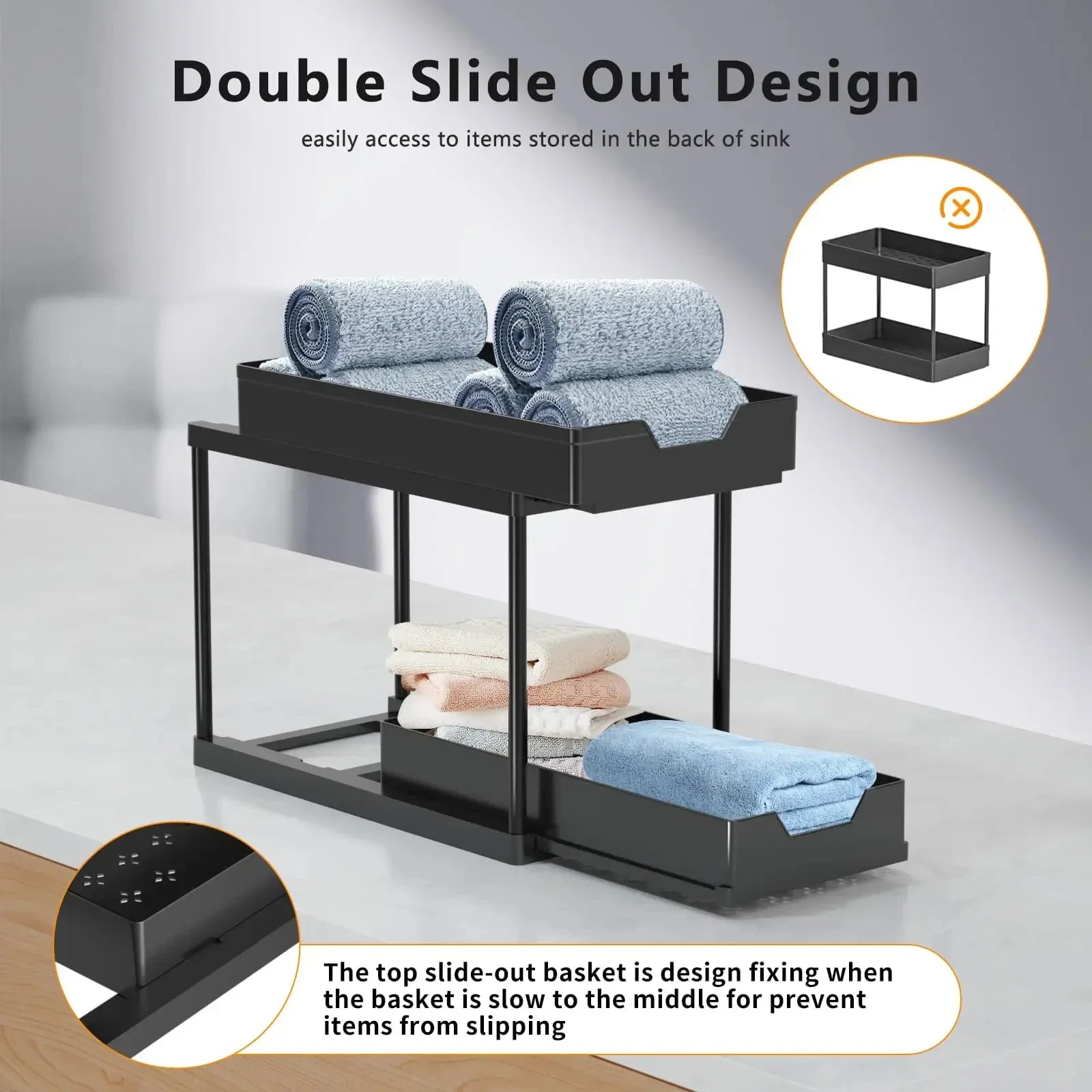 Showlu Smart General under sink organizer rack with multiple compartments for efficient kitchen or bathroom storage.