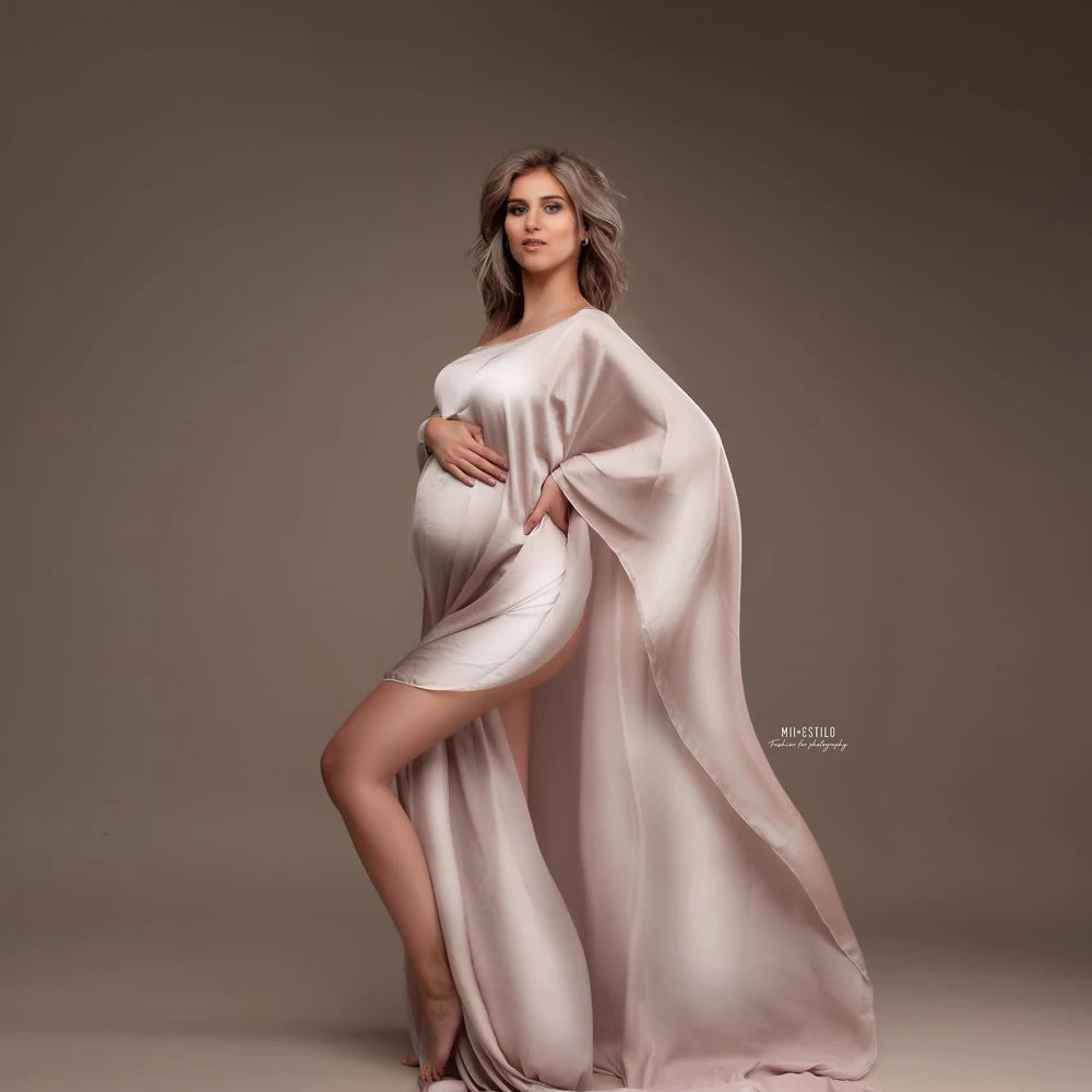 Showlu Maternity chiffon cape draped over a pregnant woman, soft tulle maternity cloak for photo shoots, elegant and flowy.