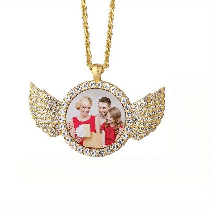 Custom angel wing round photo necklace with personalized pendant, showcasing a jewelry piece for memorable anniversaries.