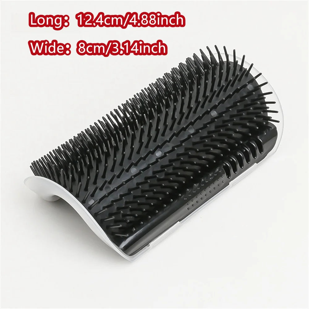 Cat self-groomer with catnip and soft comb, wall-mounted corner massage brush for pet grooming and face rubbing.