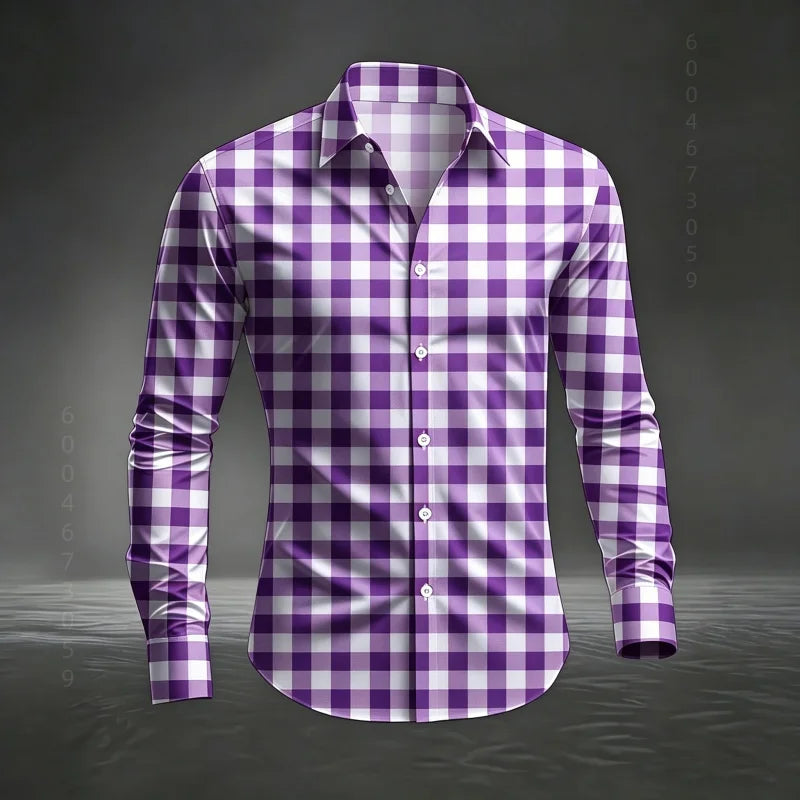 2026 Men's New Classic Plaid Shirt with Plaid Printing, Slim Fit Collar Long Sleeve Shirt, Men's Top, Comfortable Fabric XS-6XL