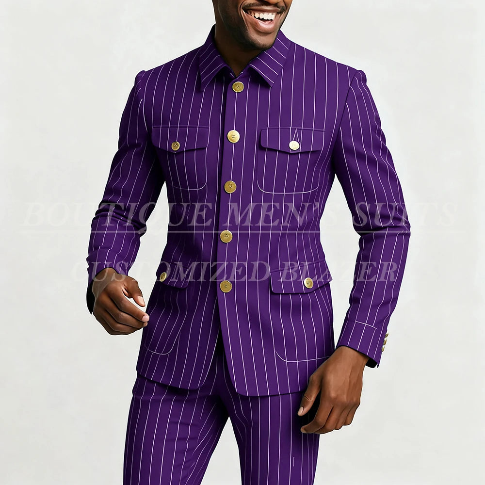 Elegant pinstripe men's suit by Showlu Fashion featuring a single-breasted jacket, slim fit, stand lapel, 2-piece set with pants and jacket.