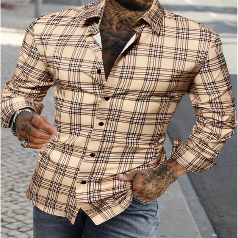 Men's classic red plaid long-sleeved shirt with striped pattern, casual fashion top from Showlu Fashion Store.