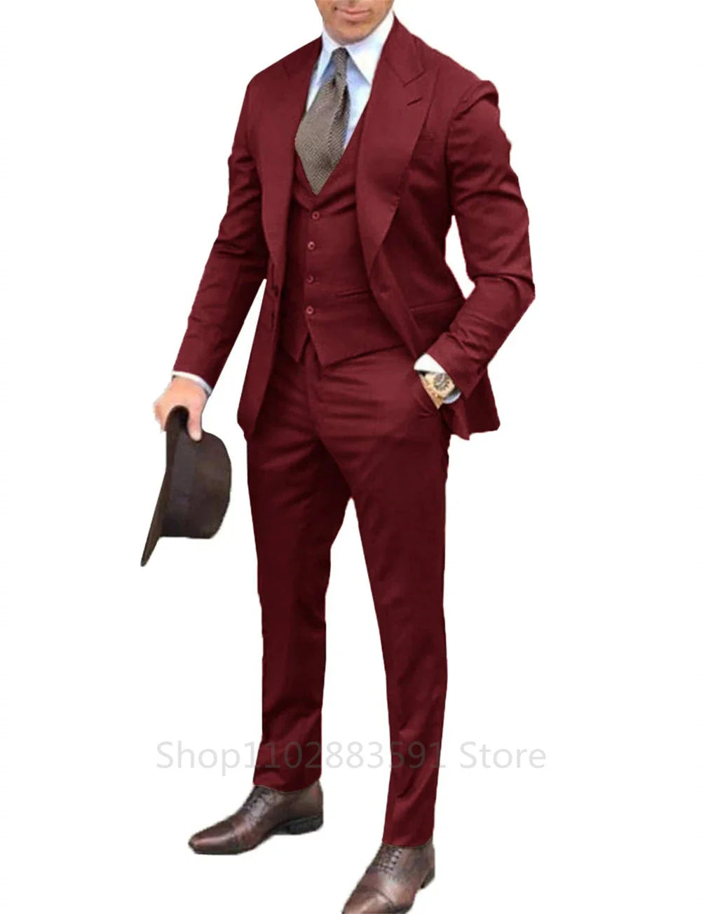 Men's burgundy slim fit suit with peak lapel tuxedo style, featuring a three-piece design and tailored fit by Showlu Fashion Store.
