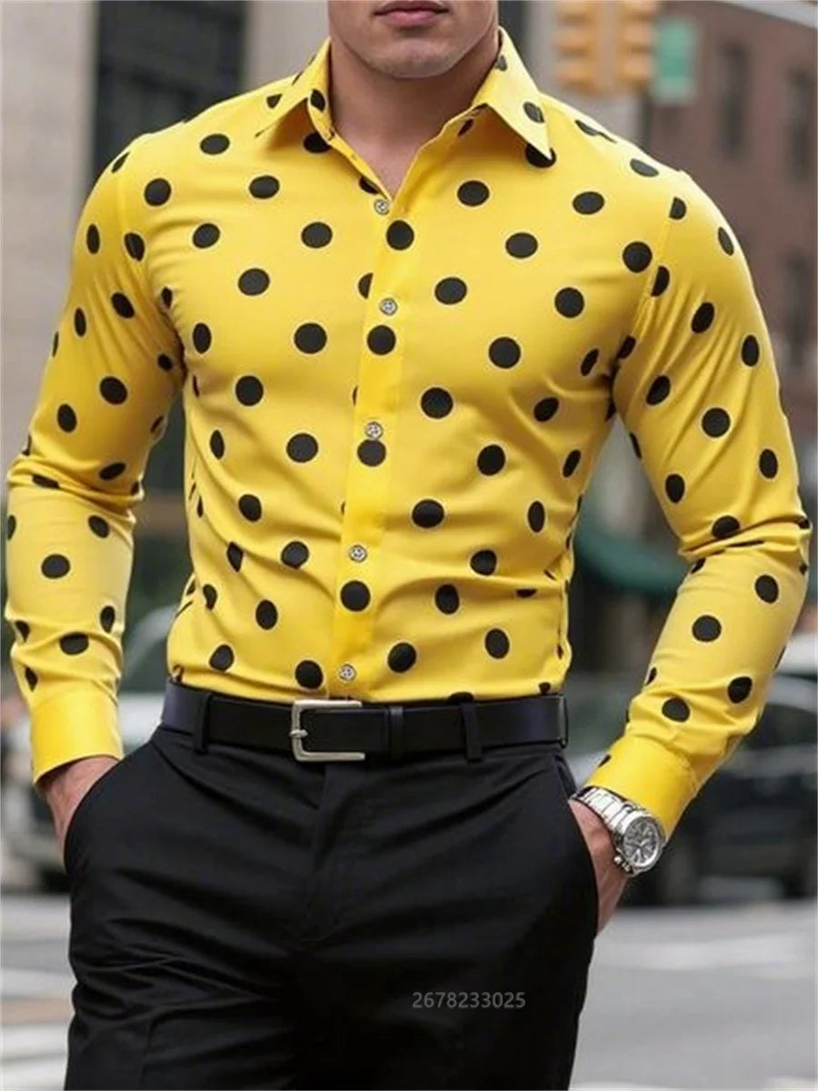 Men's long sleeve casual shirt with spotted lapel, button front, breathable fabric, stylish outdoor versatile clothing from Showlu Fashion