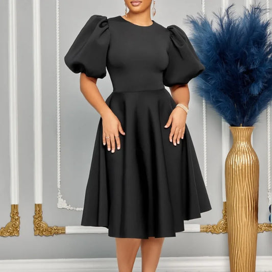Elegant Dresses for Woman 2025 O Neck Short Sleeve High Waisted Pleated Mid Calf Luxury Female Birthday Party Dinner Vestidos