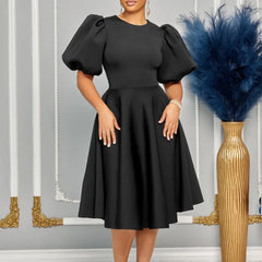 Elegant Dresses for Woman 2025 O Neck Short Sleeve High Waisted Pleated Mid Calf Luxury Female Birthday Party Dinner Vestidos