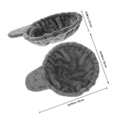 A dark grey plush cat hammock shown from two angles with dimensions labeled.