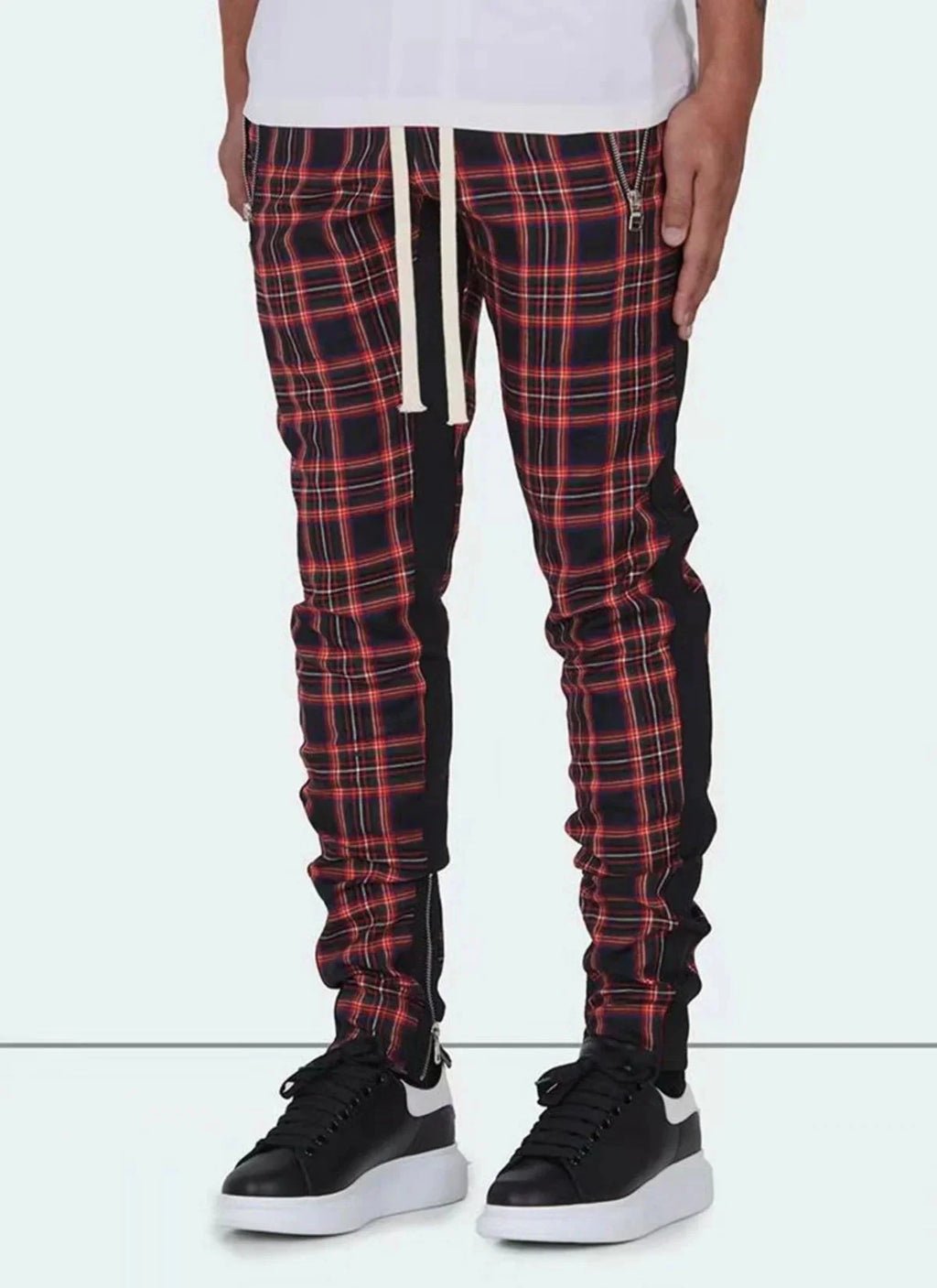 Men's plaid slim fit tracksuit pants with zipper bottoms from SHOWLU, designed for fitness and casual wear.