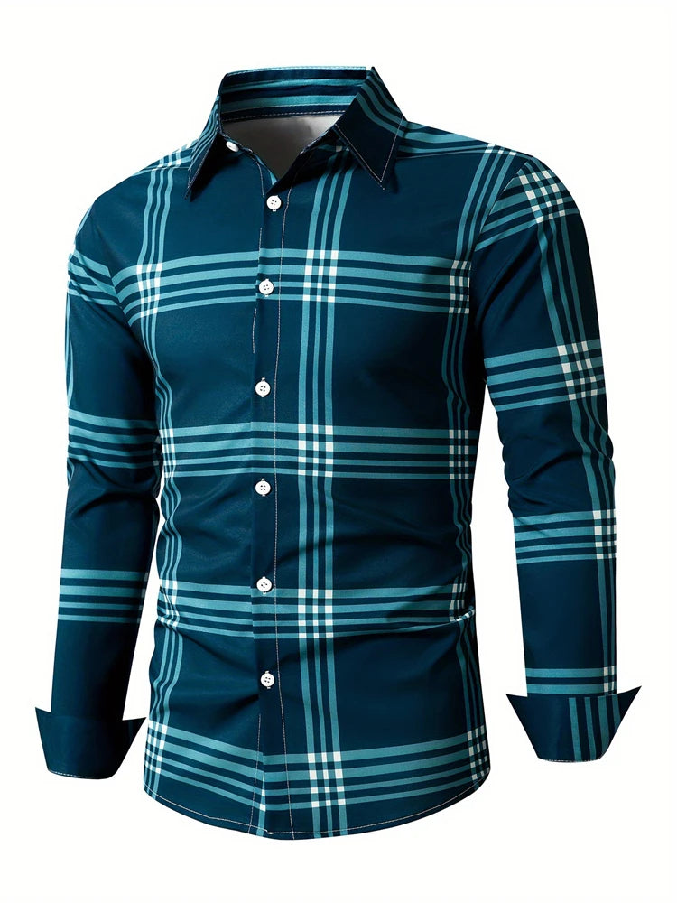 Men's long sleeve shirt with square stripe 3D print, casual button-down animal pattern, stylish lapel, autumn fashion top
