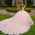 Showlu Pink Quinceanera dress with off-shoulder neckline and 3D floral lace ball gown design, featuring elegant details and fitted bodice.