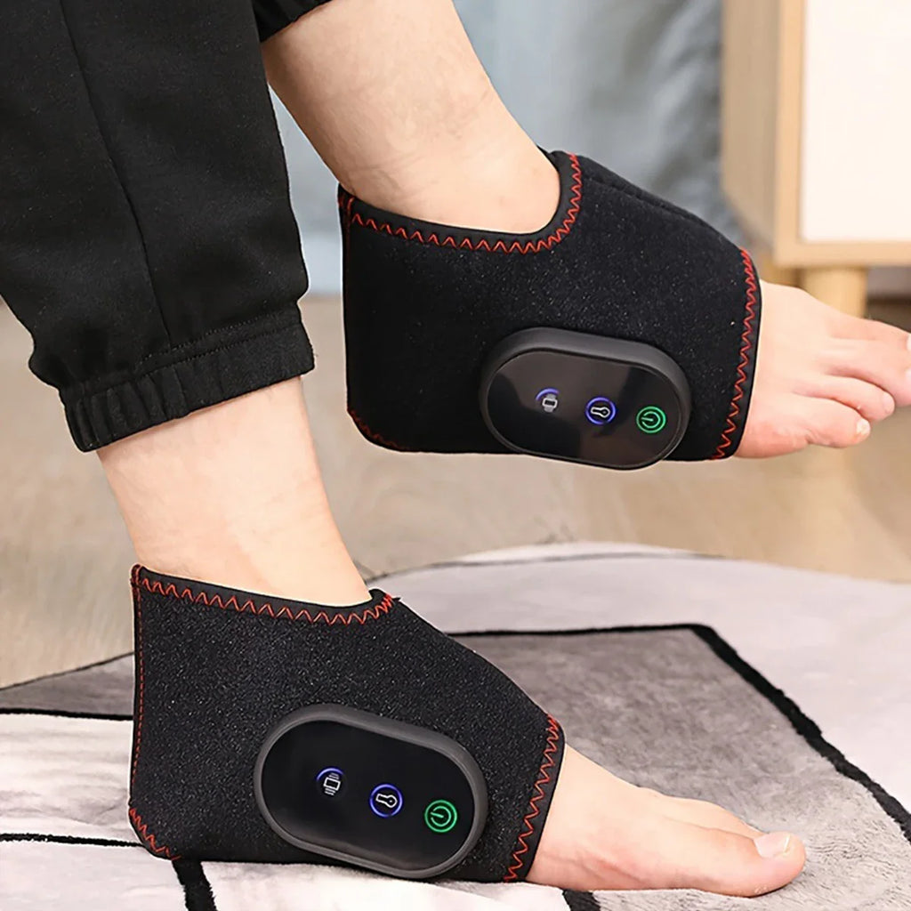 SHOWLU Rechargeable Ankle Massager with vibration and heat therapy, shown with adjustable straps and control panel.