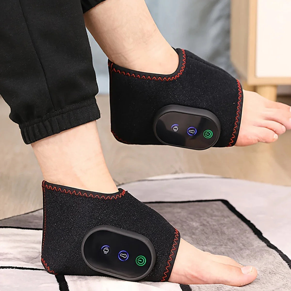 SHOWLU Rechargeable Ankle Massager with vibration and heat therapy, shown with adjustable straps and control panel.
