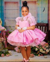 Pink Ball Gown Flower Girl Dresses Customized Tulle Tiered Ruffles Children Birthday Party Gowns High Neck Kids Wedding Dress