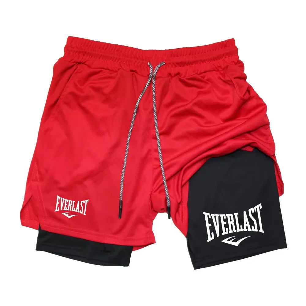 Men's 2-in-1 running shorts by Showlu Fashion with double-deck design, suitable for gym, jogging, and fitness training.