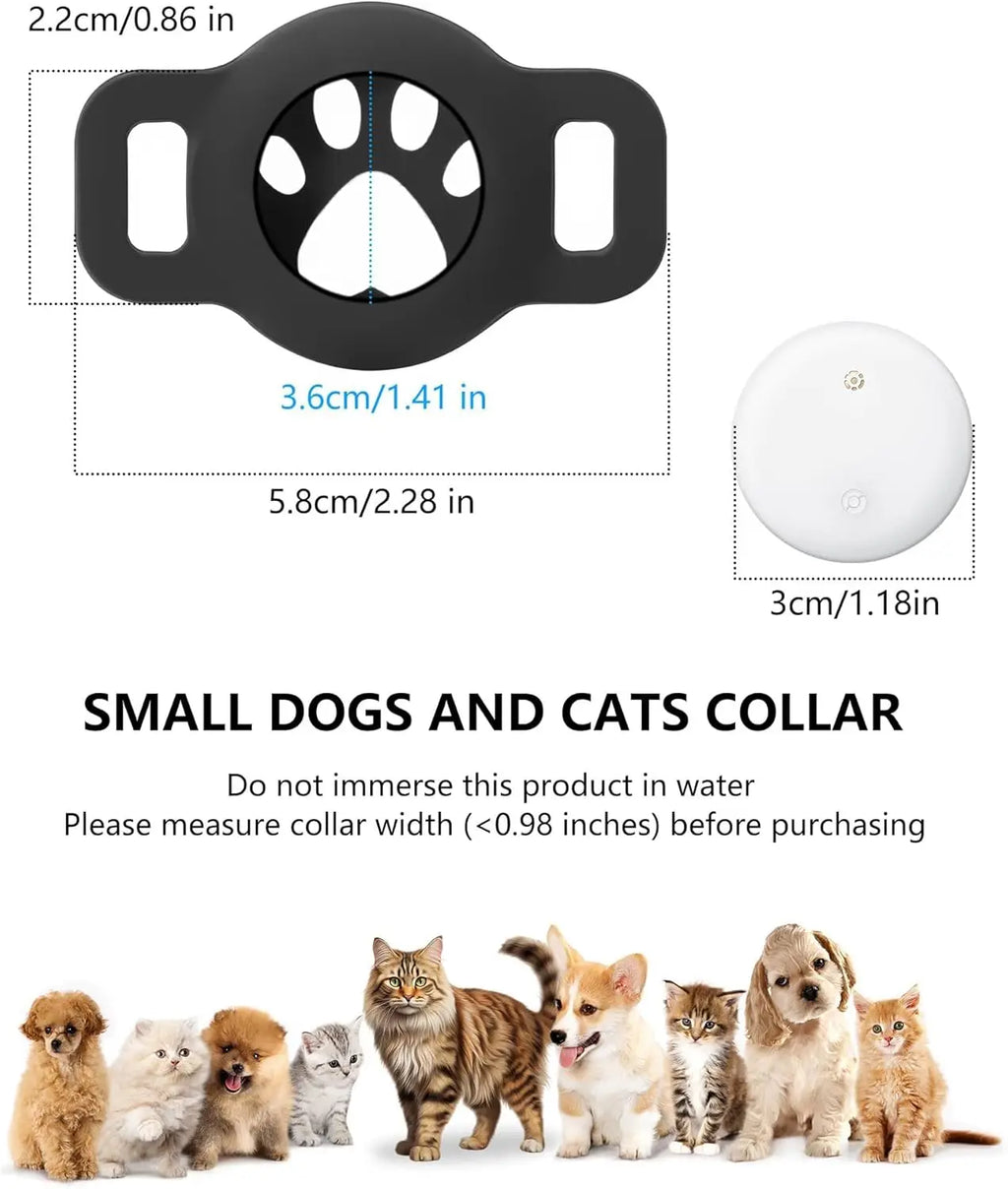 Leapii Bluetooth pet tracker for Android, mini GPS cat collar locator, showing the sleek black device on a cat collar.
