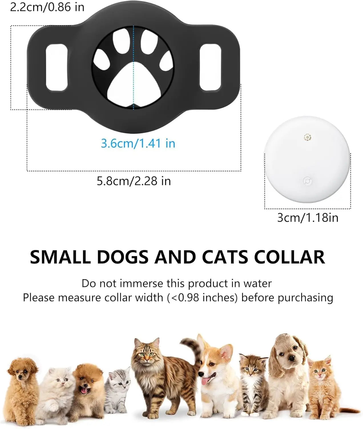 Leapii Bluetooth pet tracker for Android, mini GPS cat collar locator, showing the sleek black device on a cat collar.