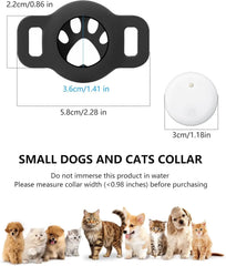 A black silicone pet collar holder with a paw print cutout and a white circular Bluetooth tracker.