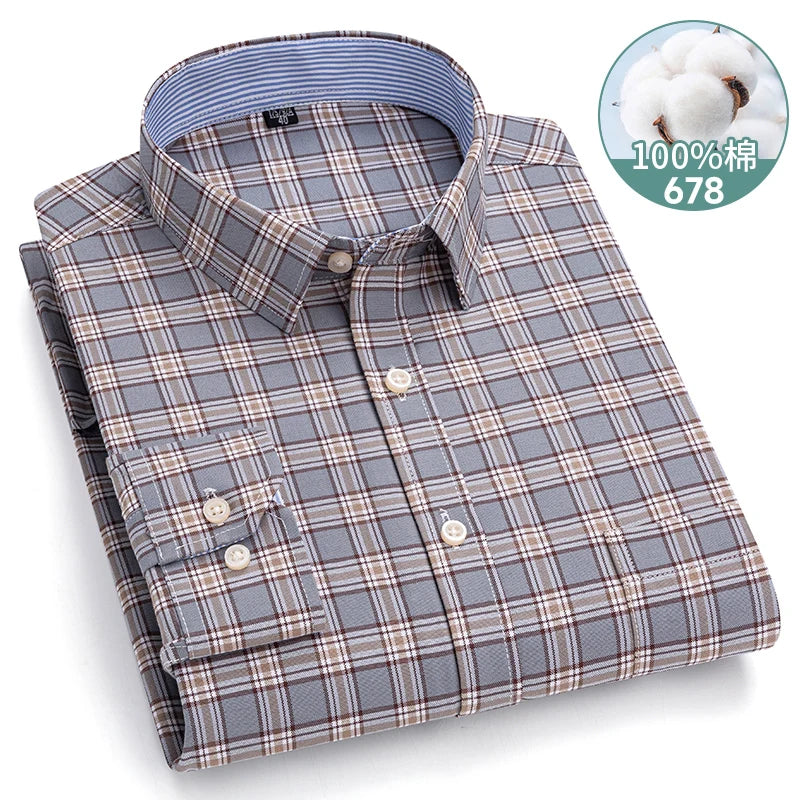 Men's long sleeve plaid Oxford dress shirt in 100% pure cotton, regular fit, soft and formal, available in 6XL and 7XL sizes.