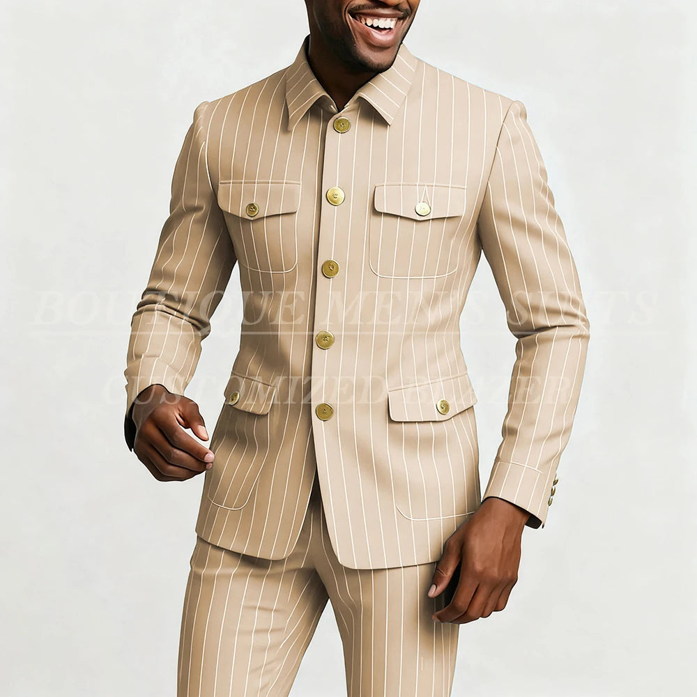 Elegant men's pinstripe suit by Showlu Fashion with single-breasted jacket, stand lapel, slim fit, 2-piece set with jacket and pants