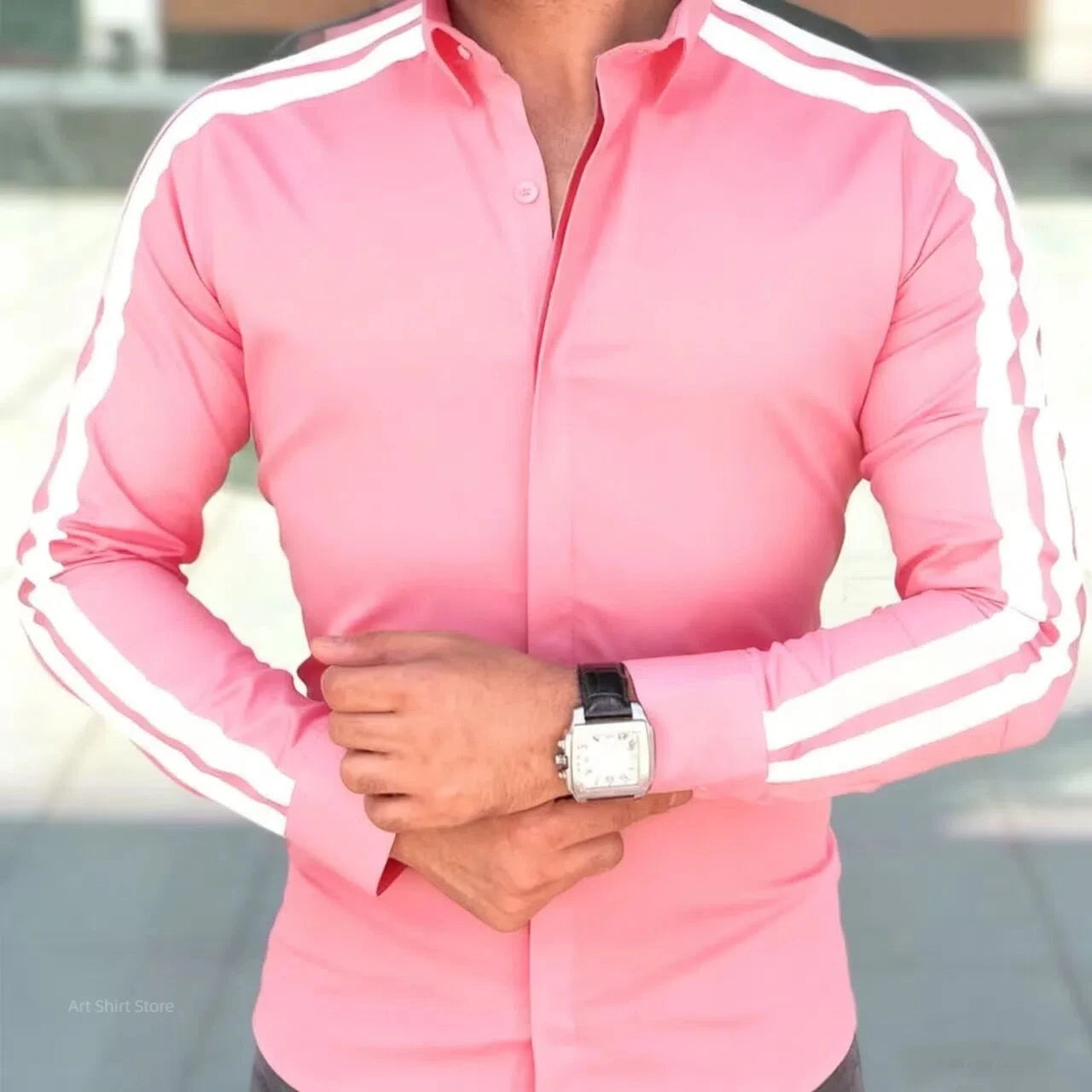 Men's Showlu striped long sleeve shirt made from bamboo fiber, casual business top with a stylish design and comfortable fit.