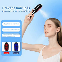 A woman holds a handheld hair growth laser comb that emits a mist and red light.