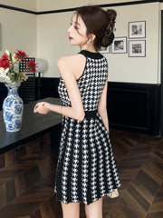 Women Retro Houndstooth Knit Mini Dress Summer Elegant Sexy Halter Gold Button Slim A-line Short Dresses Date Party Casual Daily