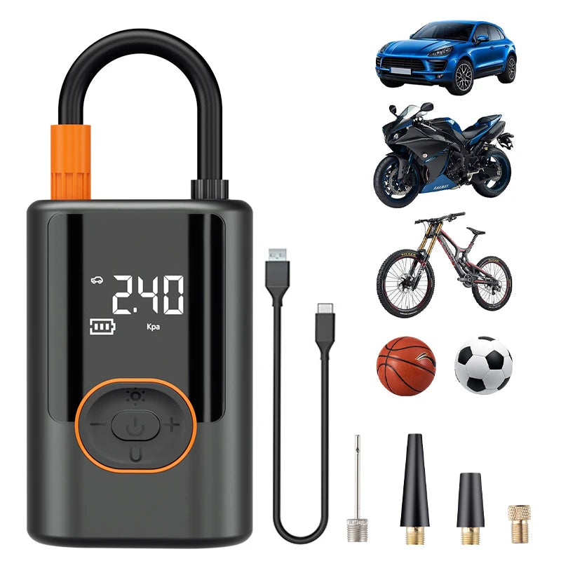 Showlu Smart General portable digital air compressor tire inflator with digital display and wireless 12V operation in a compact design.