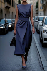 Fashion Casual Long Dress Female Sleeveless O-neck Solid Color Waist-closing Women Dresses Elegant Office Ladies Dresses Summer