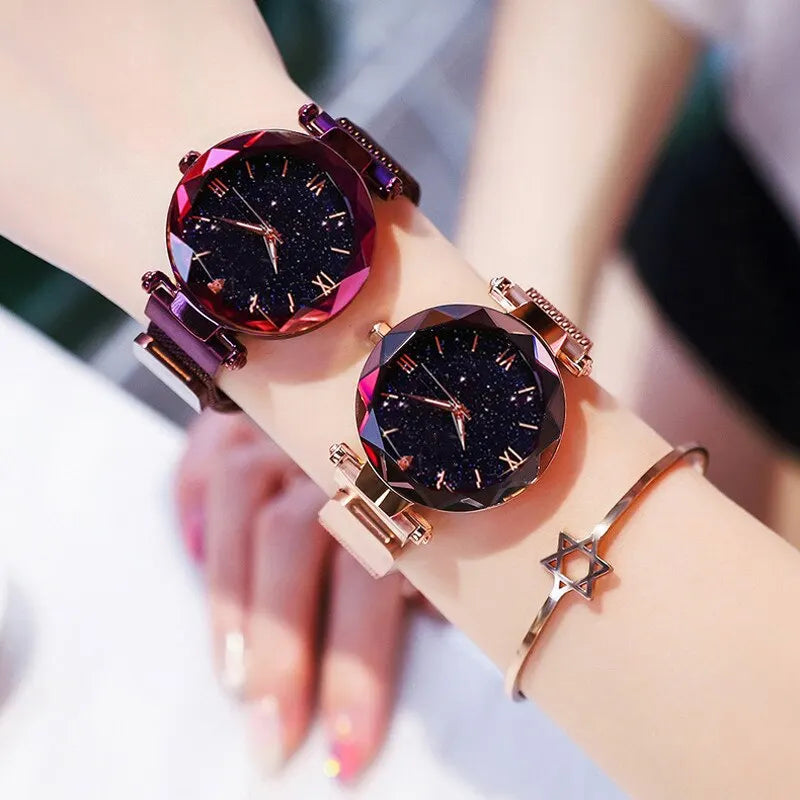 Women’s fashion starry sky watch by Showlu with diamond accents, quartz movement, mesh strap, and magnetic buckle for elegant dress wear.
