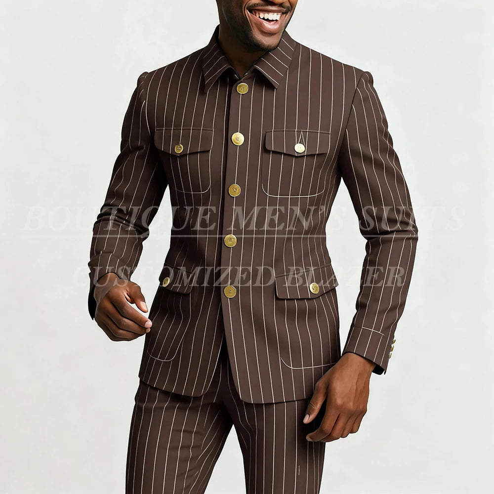 Elegant men's pinstripe suit by Showlu Fashion, single-breasted, slim fit with stand lapel, includes jacket and pants.