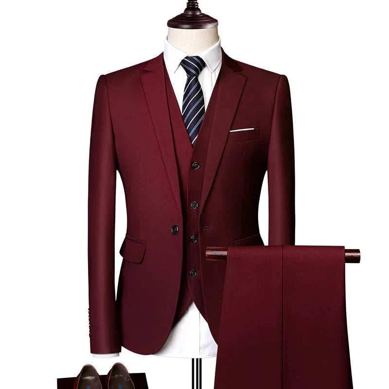 SHOWLU Men's pink three-piece wedding suit with slim fit design, featuring jacket, vest, and trousers for a stylish formal look.