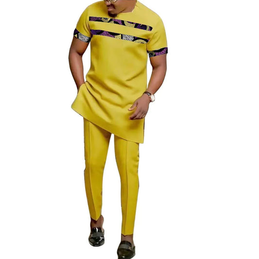 African Fashion Yellow Men's Set Outfits Short Sleeve Tops Patch Trousers Nigerian Print Male Pant Suits Party Wear Customized
