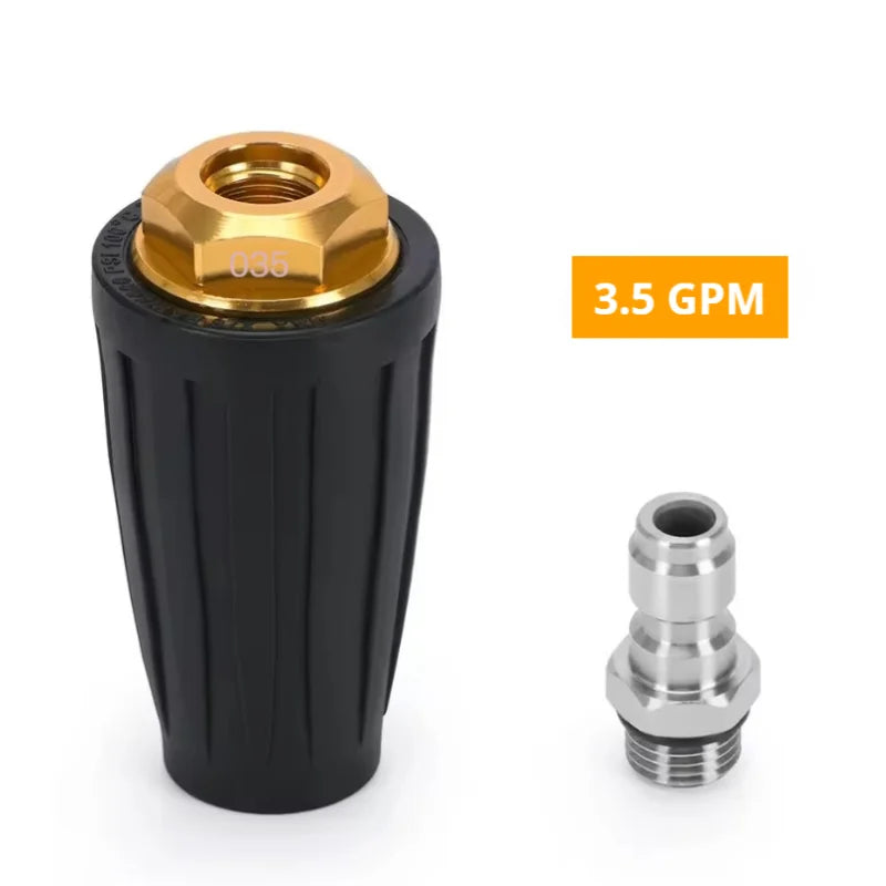 Showlu Smart General Turbine Rotating Turbo Nozzle attached to a garden hose for powerful, even water spray cleaning.