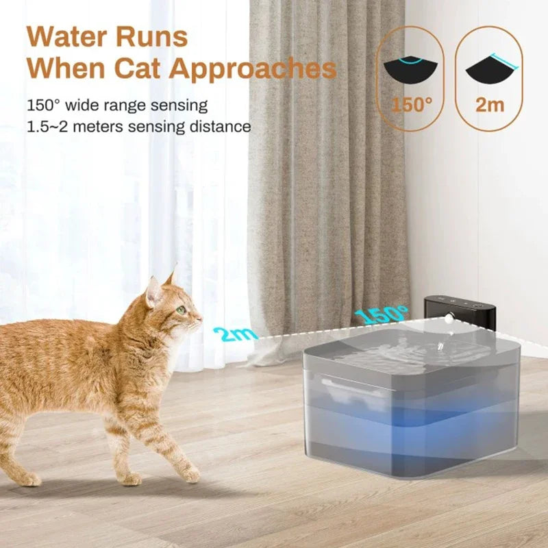 Wireless Smart Cat Water Fountain 2.2L with sensor from Showlu Smart General, showing the sleek water fountain with flowing water.